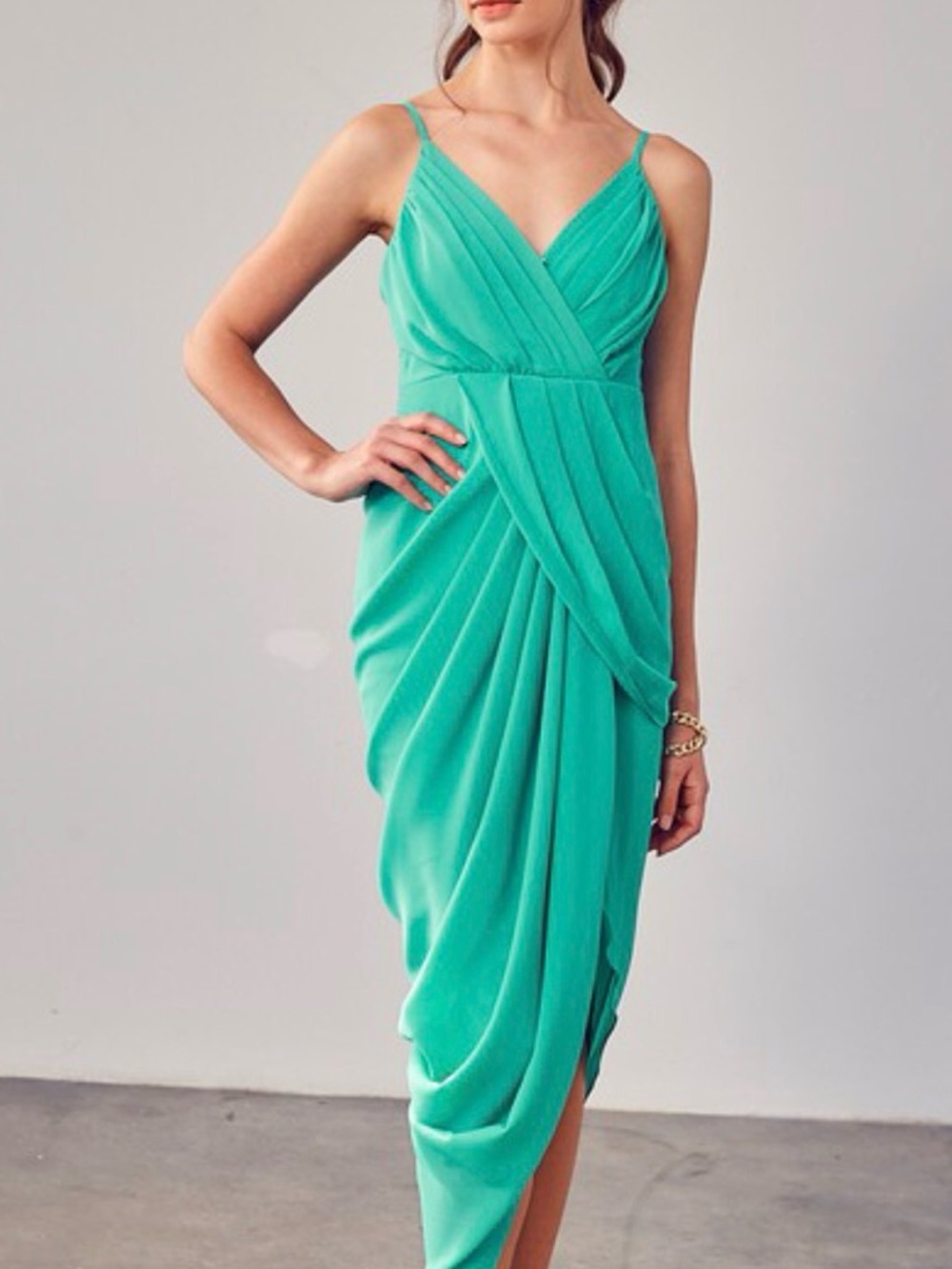DO+BE Teal Draped V-Neck Midi Dress